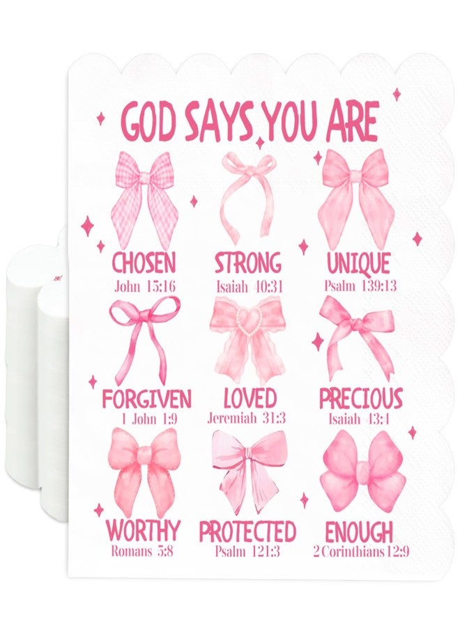 JarThenaAMCS مناديل جارثينا إيه إم سي إس الوردية المزينة بفيونكة، 100 قطعة، بتصميمات مستوحاة من الكتاب المقدس، تحمل شعار الإيمان بيسوع، للاستخدام مرة واحدة، بحواف مزخرفة، مناسبة للغداء والعشاء، ولتجهيزات طاولات الحفلات المسيحية. - Image 1